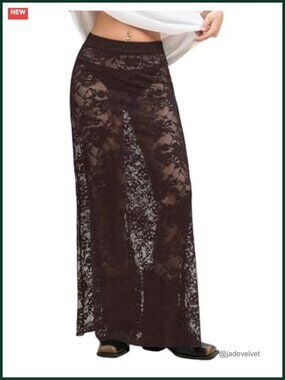 Sheer Mesh Lace A-Line Maxi Skirt High Waisted See Through Flowy Long Skirt